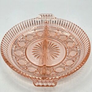 Vintage Pink Depression Indiana Glass Windsor Divided Candy Nut Relish w/Handles